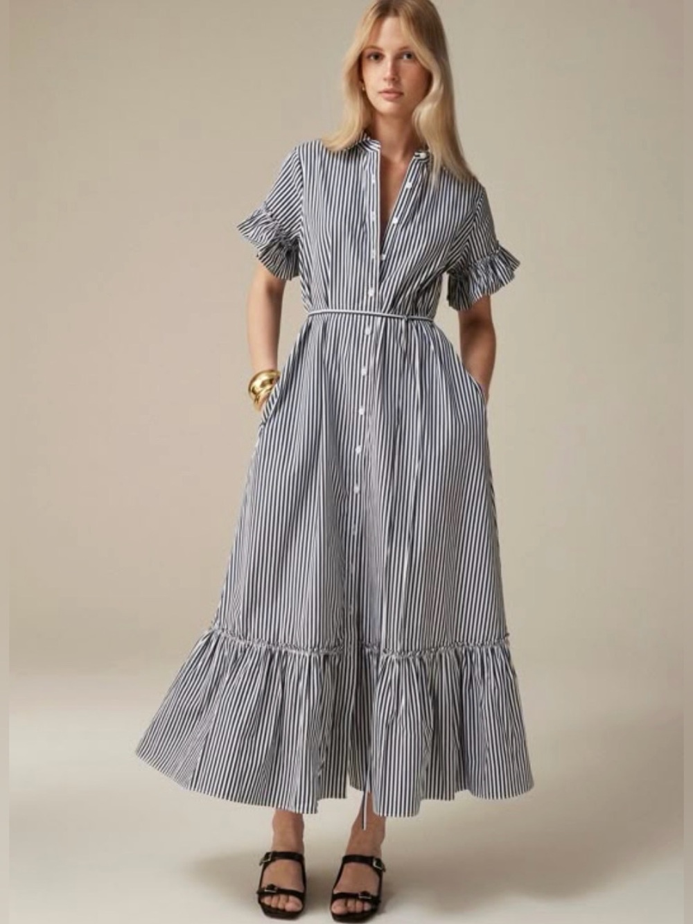 J.Crew Striped Button-Front Maxi Dress with Ruffle Hem - Blue/White - Picture 1 of 6